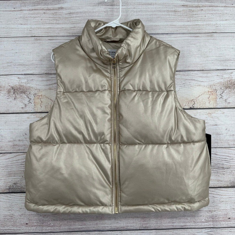 Marc New York Puffer Vest Women Large Latte Gold Metallic Faux Leather NEW